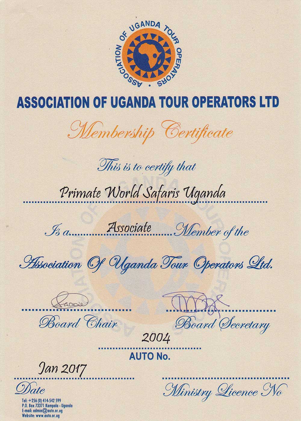 Association of Uganda tour Operators Certificate